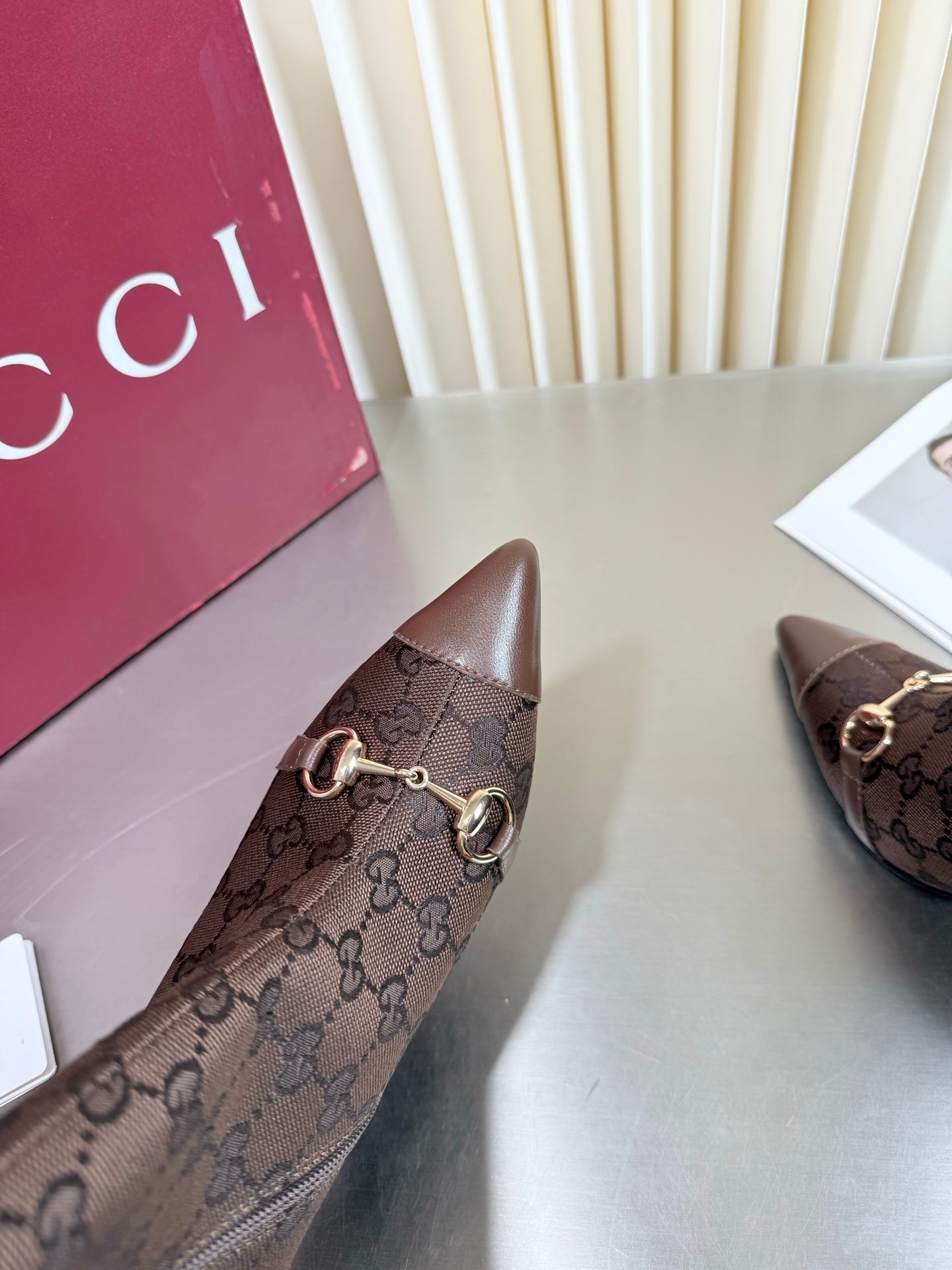 GUCCI 26S HORSEBIT BOOTS 105 MM IN DARK BROWN LEATHER AND CANVAS