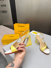 FENDI 26S SLINGBACK SANDALS IN YELLOW CALFSKIN AND GREEN CANVAS