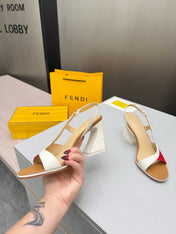 FENDI 26S SLINGBACK SANDALS IN WHITE CALFSKIN AND RED CANVAS