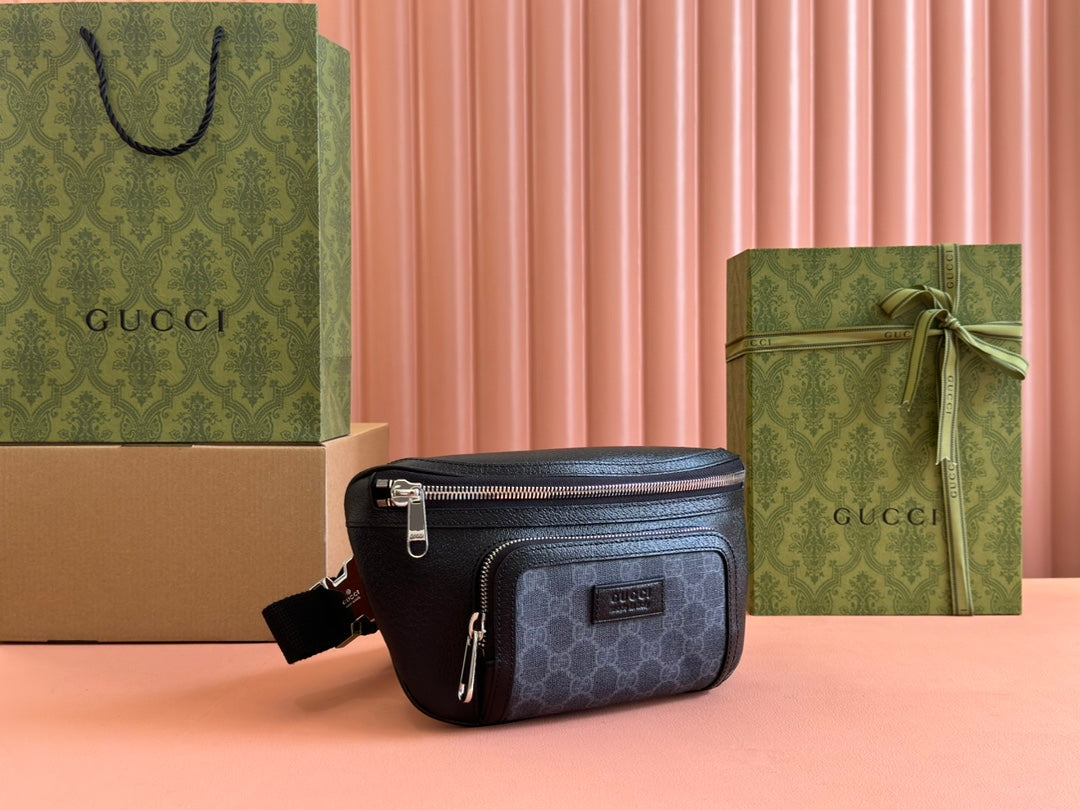 SMALL BELT BAG 29 IN BLACK CALFSKIN AND DARK GRAY MONOGRAM CANVAS