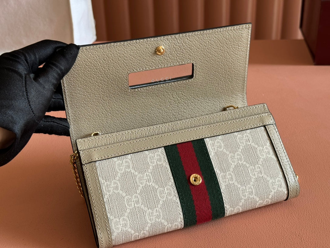 OPHIDIA WALLET ON GOLD CHAIN 19 IN LIGHT BEIGE GG CANVAS AND LIGHT BROWN CALFSKIN