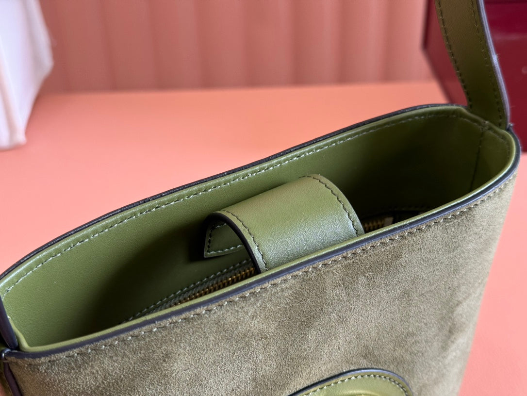 73 SMALL BUCKET BAG 20 IN GREEN SOFT SUEDE AND CALFSKIN