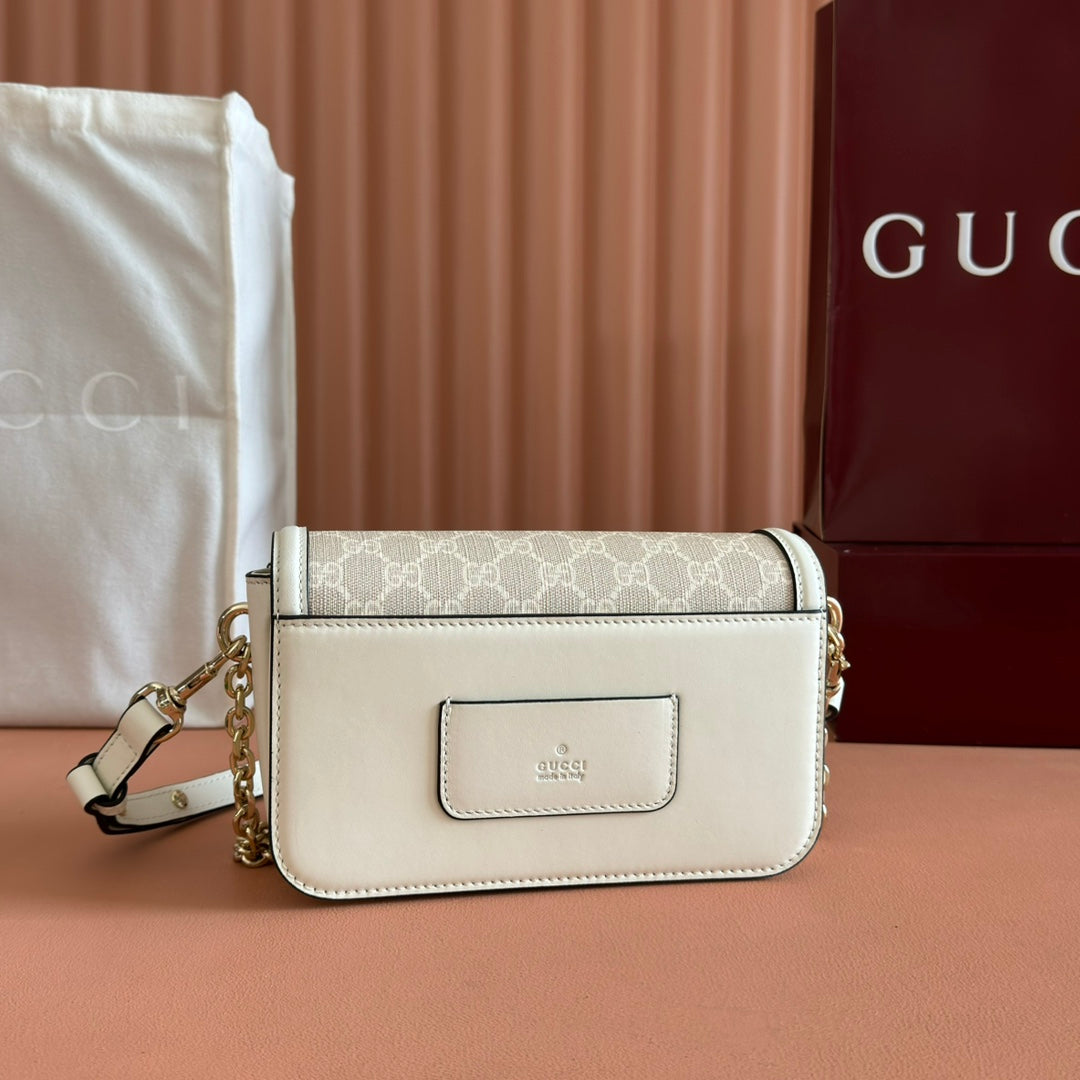 GO SMALL SHOULDER BAG 21.5 IN BEIGE GG CANVAS WHITE CALFSKIN GOLD HARDWARE