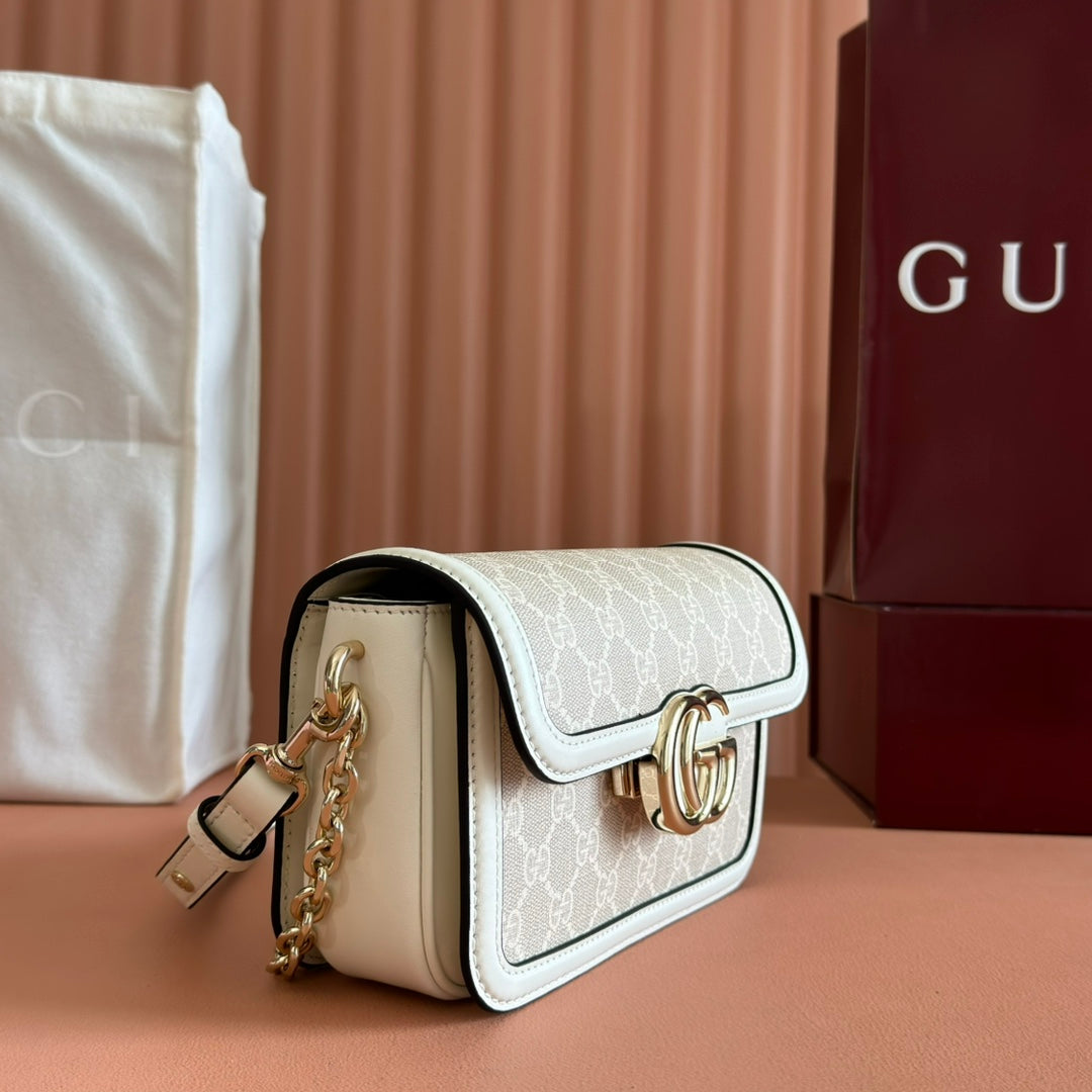 GO SMALL SHOULDER BAG 21.5 IN BEIGE GG CANVAS WHITE CALFSKIN GOLD HARDWARE
