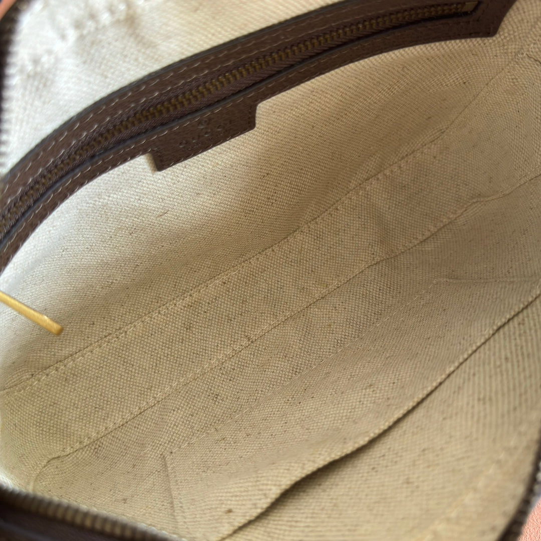 GG OPHIDIA SMALL CROSSBODY BAG 24 IN BEIGE CANVAS AND BROWN CALFSKIN