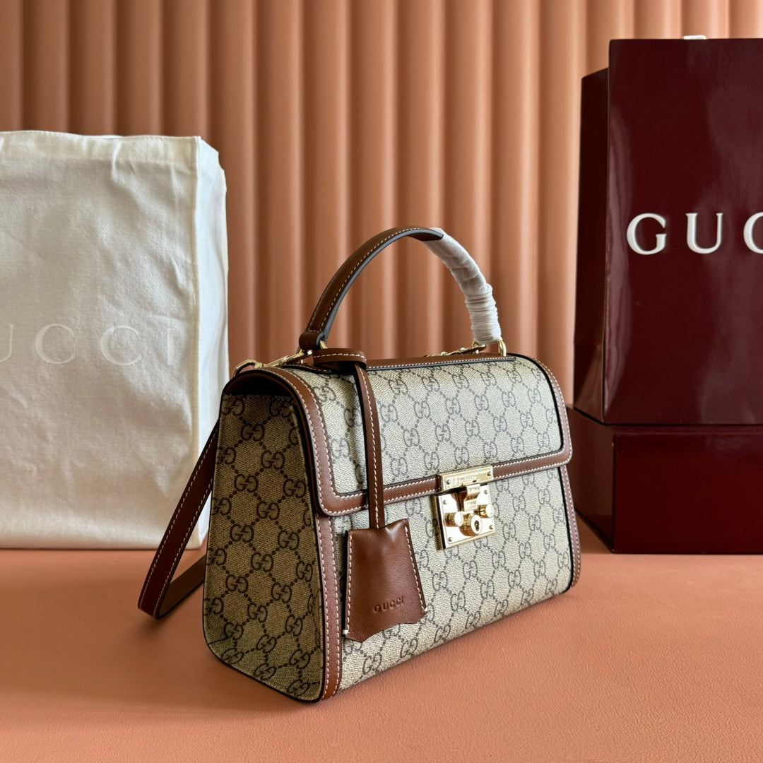 GUCCI 25S PADLOCK BAG 26 IN BEIGE CANVAS AND BROWN CALFSKIN