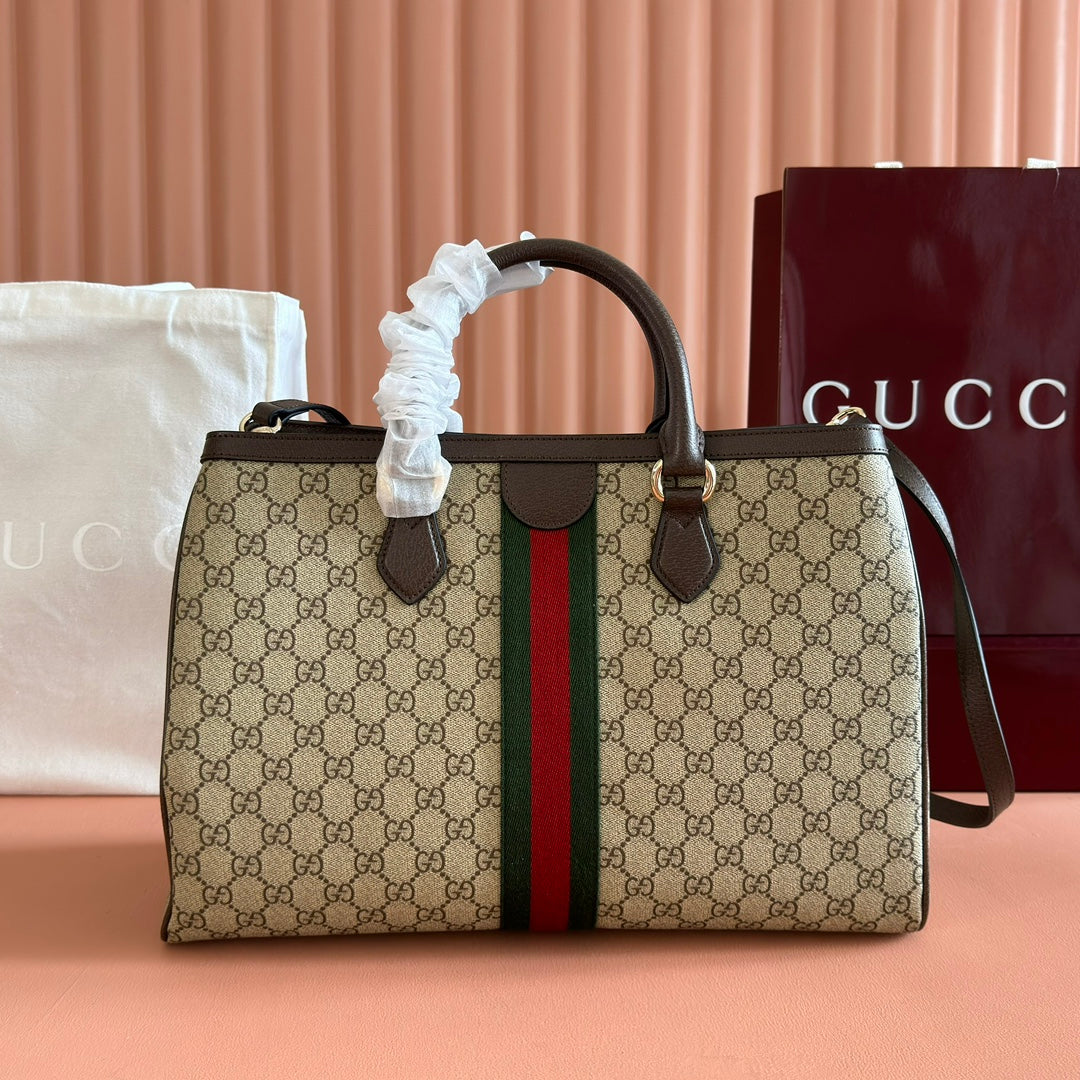 GUCCI 26S OPHIDIA HANDBAG 39 IN BROWN AND DARK BEIGE CANVAS