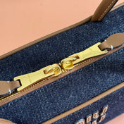 MIUMIU 25S BEAU DENIM BAG 28 IN DARK BLUE DENIM AND BROWN CALFSKIN