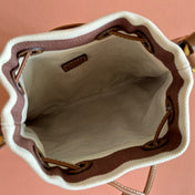 MIUMIU 26S BUCKET BAG 23 IN CREAM AND BROWN CANVAS GOLD HARDWARE