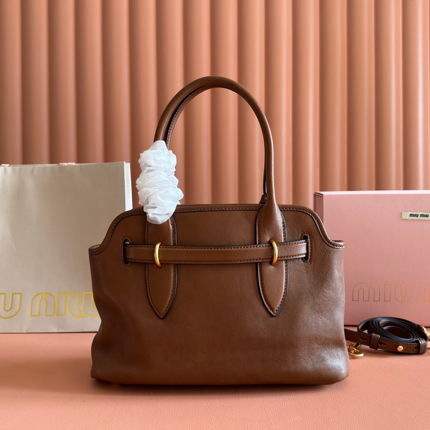 MIUMIU 26S BORSA AVENTURE BAG 30 IN TAN BROWN CALFSKIN GOLD HARDWARE