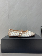 ALAIA MARY JANE FLATS WOVEN PATTERN 25S IN WHITE MIX CARAMEL BROWN CALFSKIN