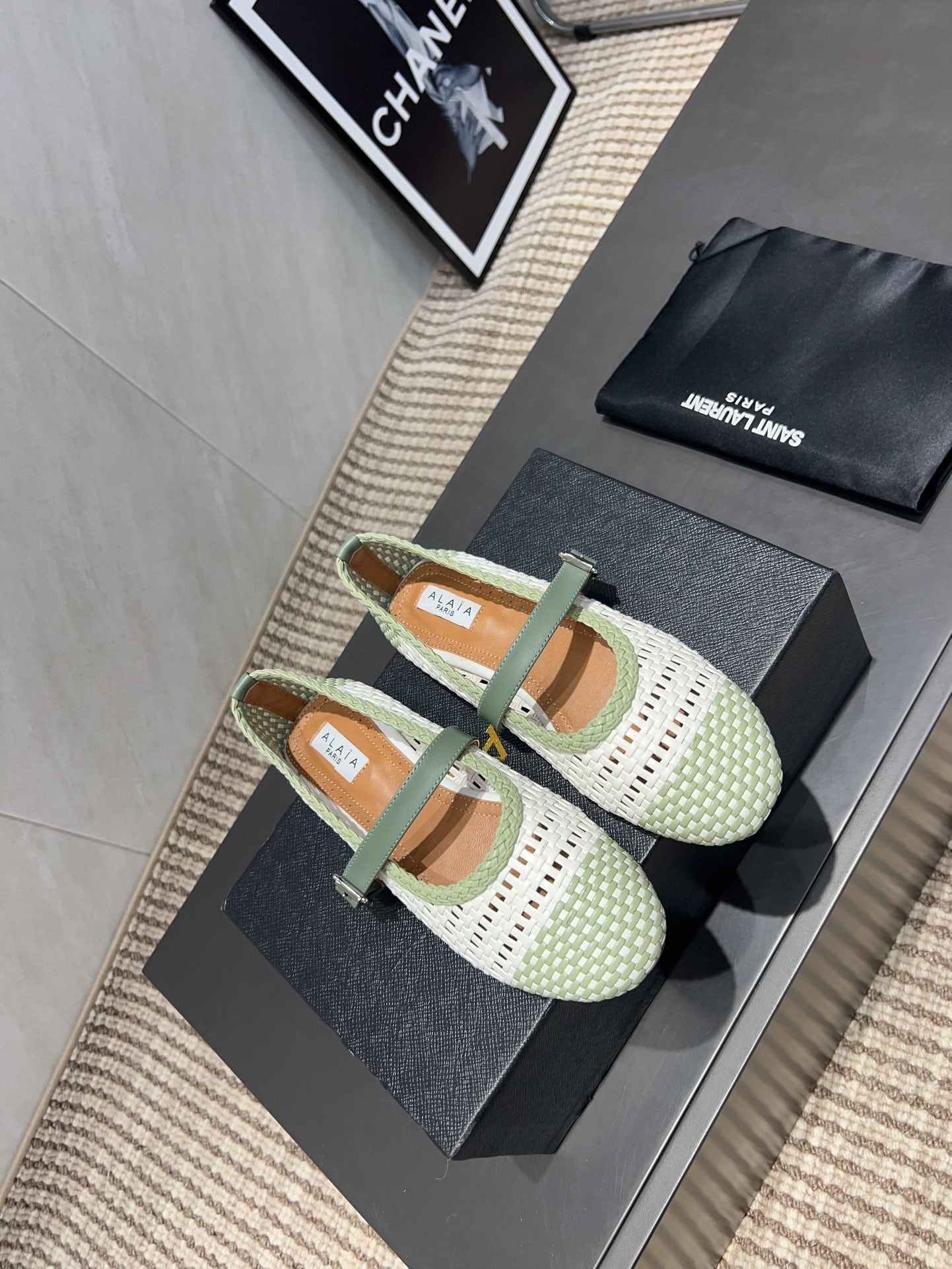 ALAIA MARY JANE FLATS WOVEN PATTERN 25S IN WHITE MIX PASTEL GREEN CALFSKIN