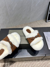 BALENCIAGA 25S SLIPPERS IN BROWN SUEDE AND WHITE WOOL