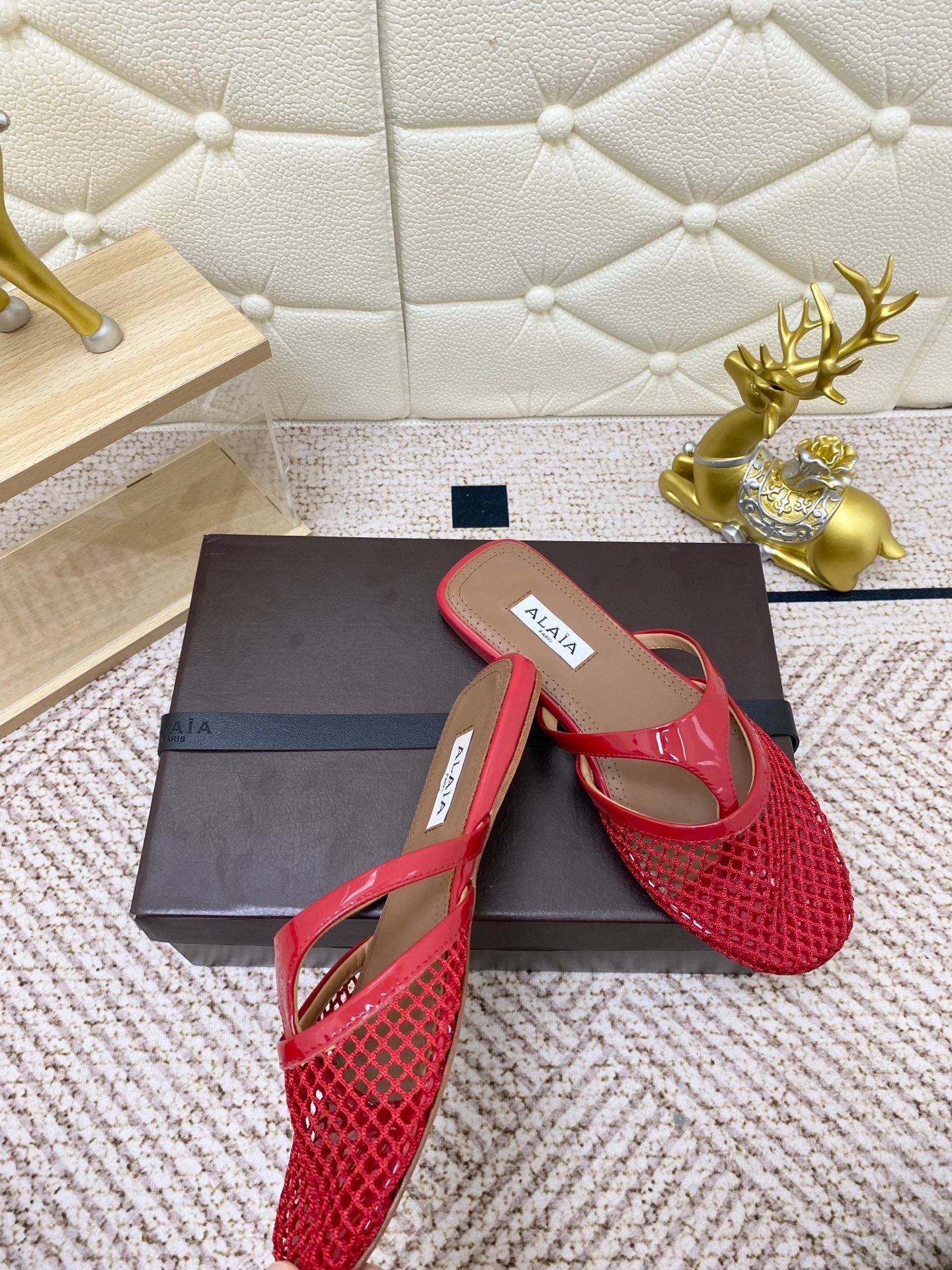 ALAIA BREATHABLE FLAT-TOE MULES 25S IN RED CALFSKIN