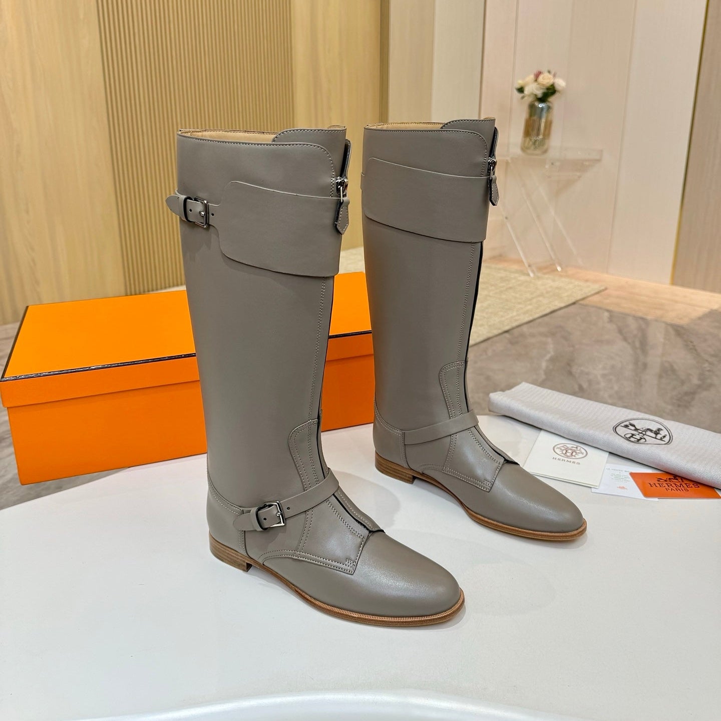 HM 25S RIDING BOOTS IN GREY LAMBSKIN WITH SILVER HARDWARE