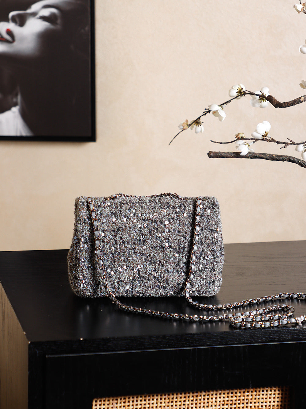 CHANEL 25S FLAP BAG 21 CM IN DARK GREY SEQUINED TWEED