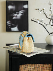 CHANEL 26S CLASSIC FLAP MEDIUM 23 IN NATURAL RAFFIA AND LIGHT BLUE CALFSKIN GOLD HARDWARE