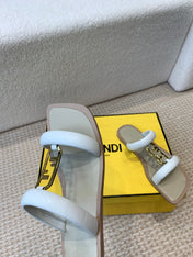 FENDI O'LOCK SLIDES WHITE CALFSKIN WITH GOLD HARDWARE