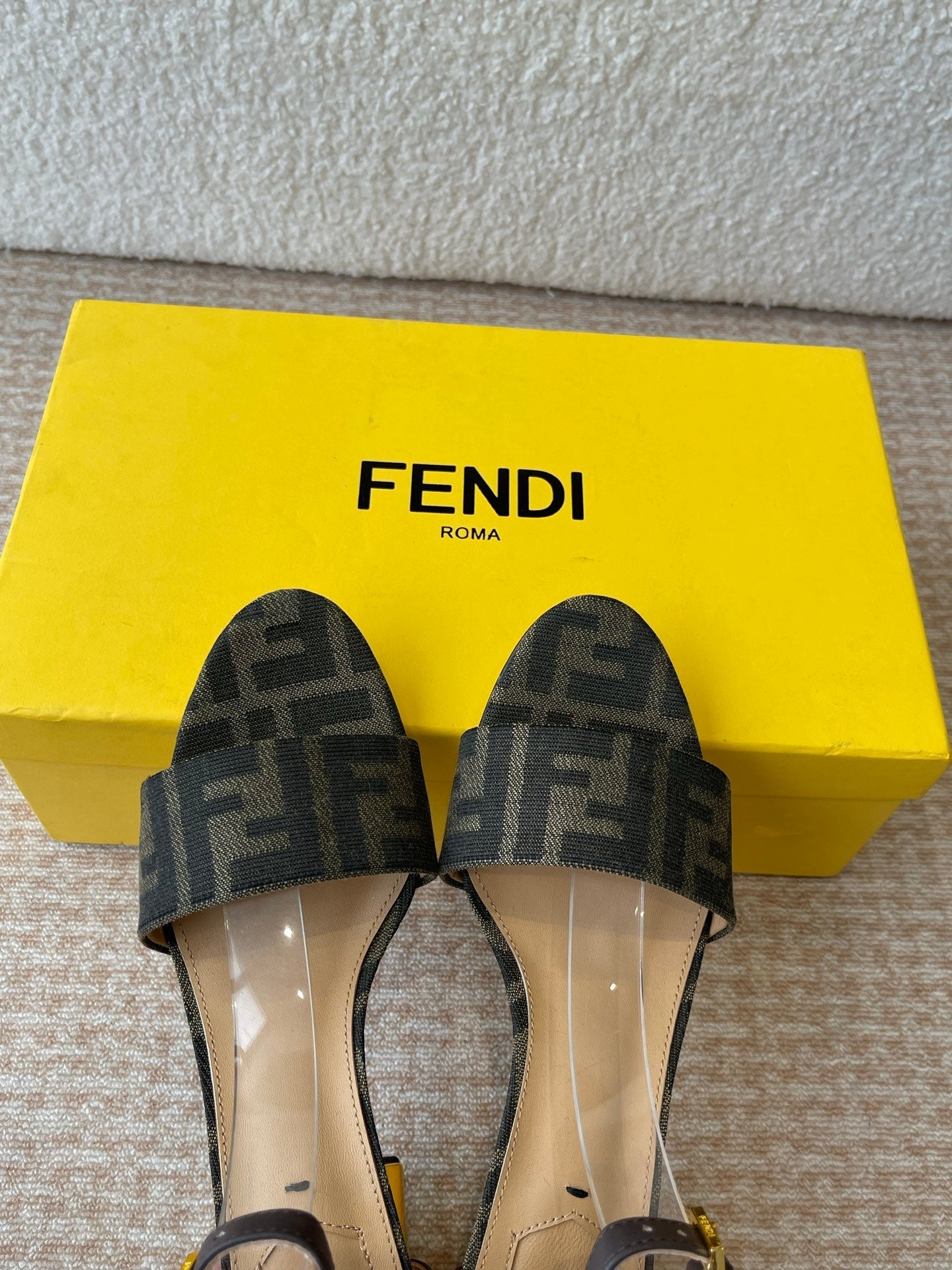 FF FIRST HIGH-HEEL 70MM IN KHAKI FABRIC AND CALFSKIN