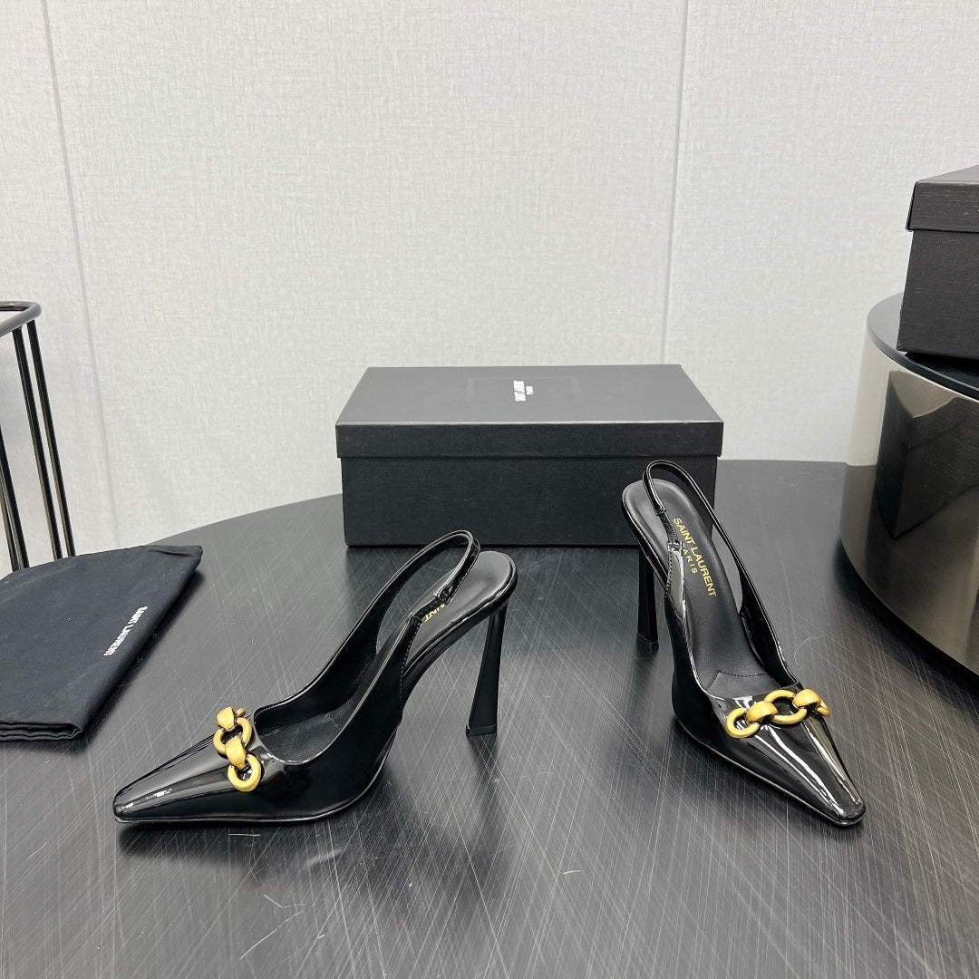 GOLD CHAIN ATTACHED HIGH SLINGBACK IN BLACK GLOSSY CALFSKIN