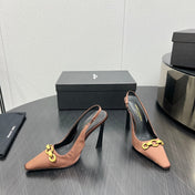 GOLD CHAIN ATTACHED HIGH SLINGBACK IN TOFFEE BROWN SILK