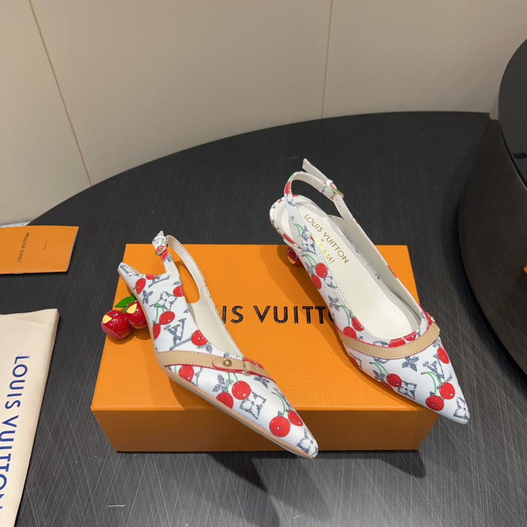 LV HIGH SLINGBACK LOGO AND CHERRY PRINT 25S 55MM IN WHITE DENIM