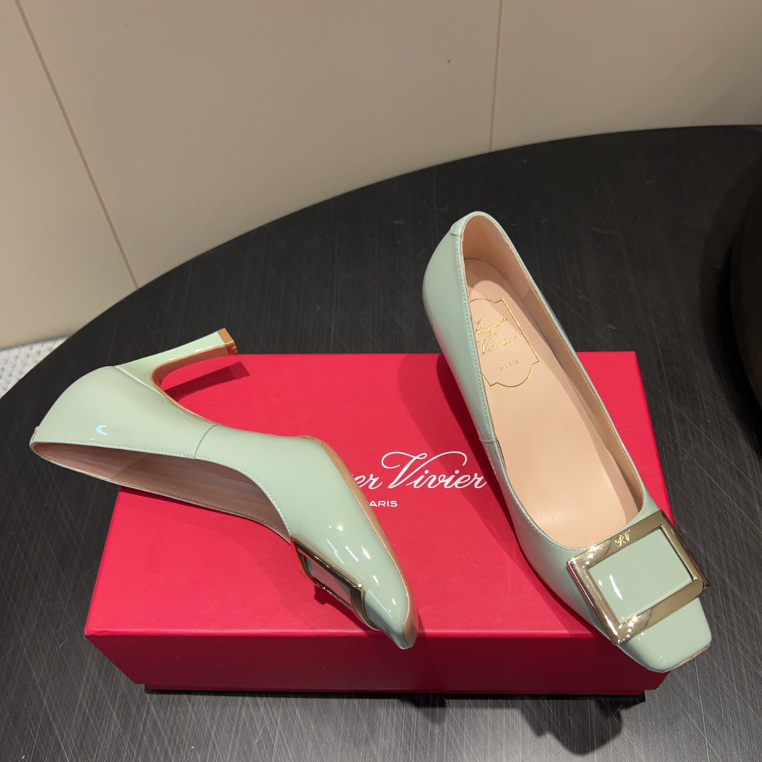 ROGER VIVIER 25S BELLE VIVIER PUMPS 70MM IN PALE MINT GREEN CALFSKIN GOLD BUCKLE