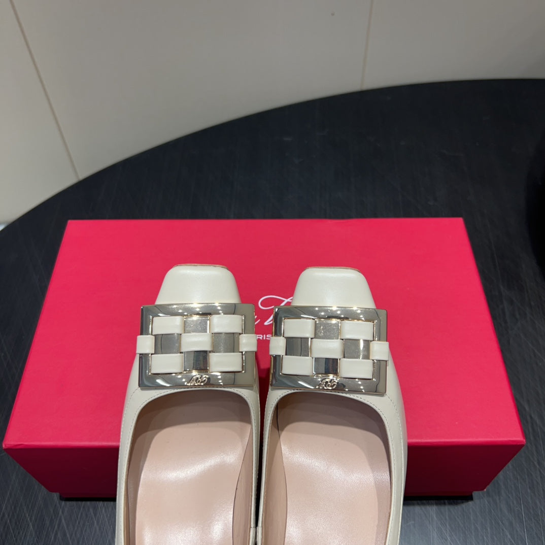 ROGER VIVIER 25S TROMPETTE SQUARE TOE HIGH HEELS 70MM IN IVORY SHINY CALFSKIN