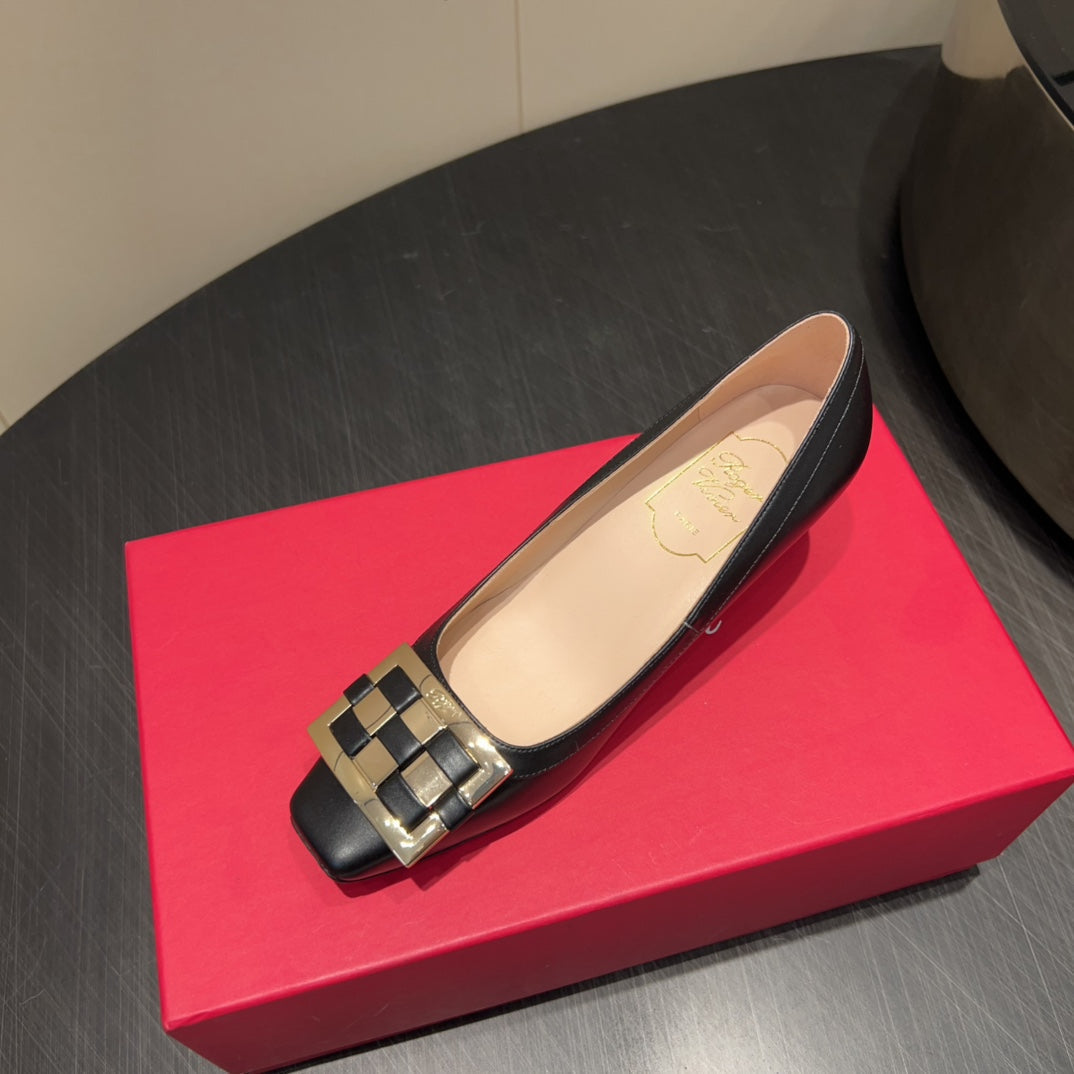 ROGER VIVIER 25S TROMPETTE SQUARE TOE HIGH HEELS 45MM IN BLACK SHINY CALFSKIN