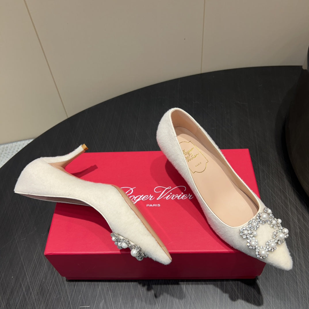 ROGER VIVIER 25S POINTED TOE HIGH HEELS 70MM IN WHITE VELVET EMBELLISHED CRYSTALS