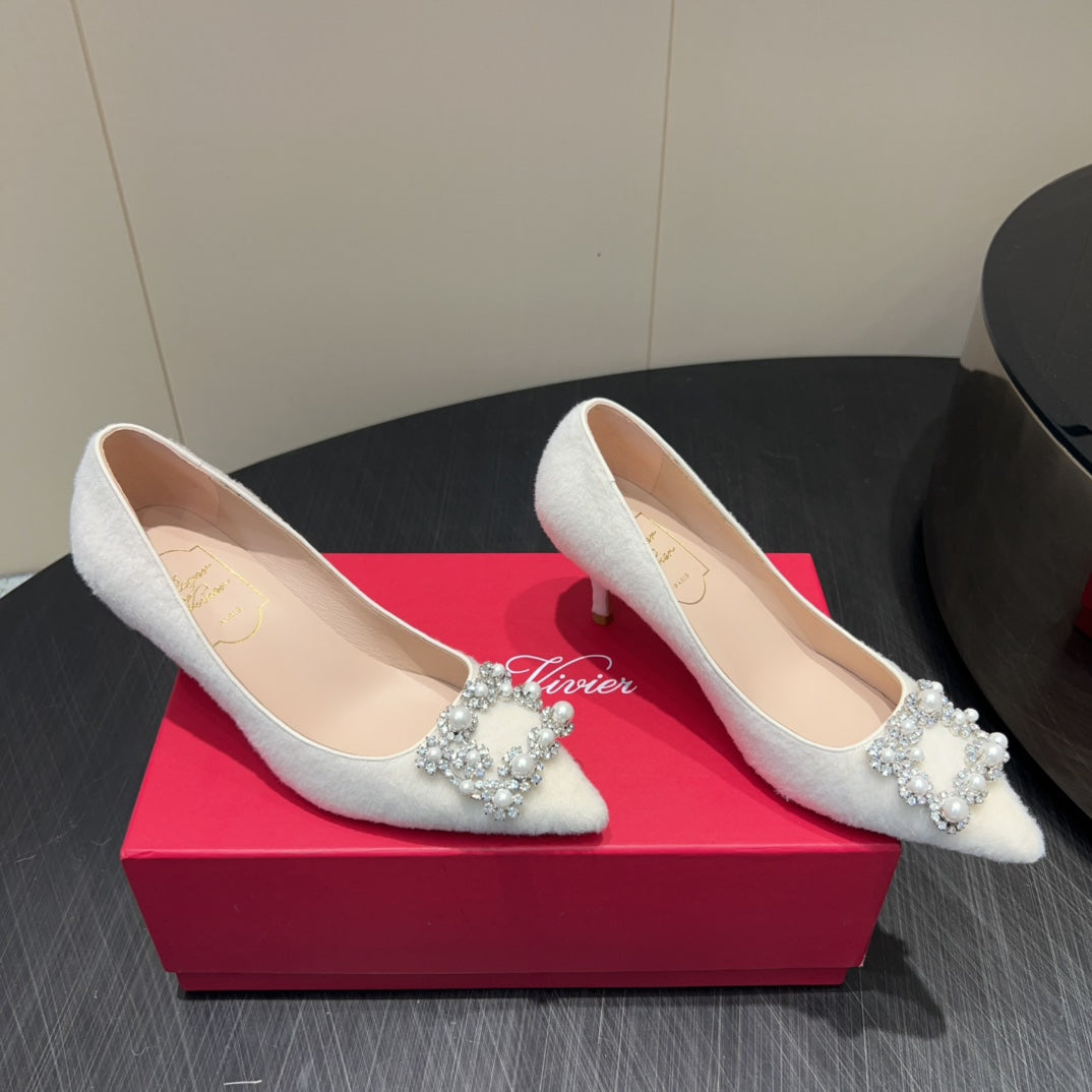 ROGER VIVIER 25S POINTED TOE HIGH HEELS 70MM IN WHITE VELVET EMBELLISHED CRYSTALS