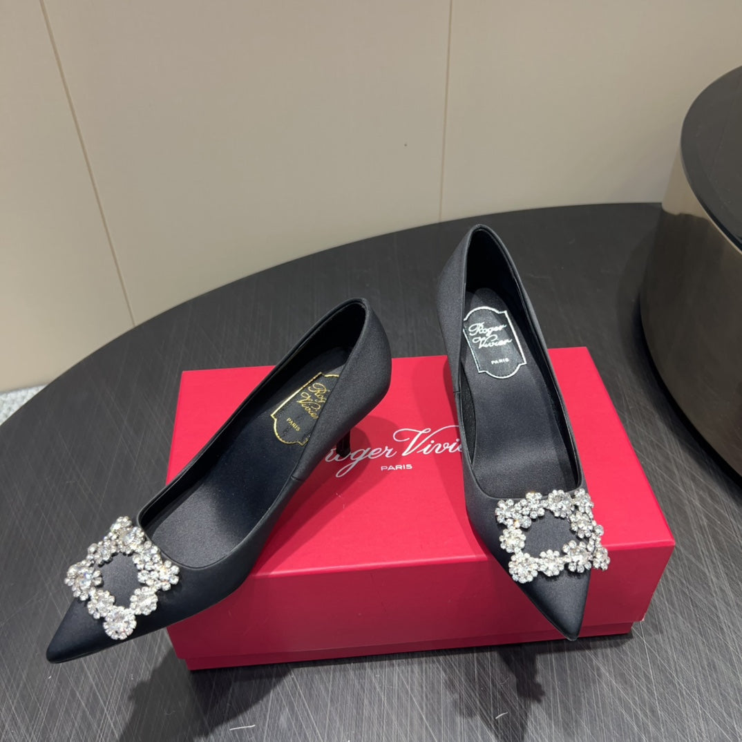 ROGER VIVIER 25S POINTED TOE HIGH HEELS 70MM IN BLACK SILK EMBELLISHED CRYSTALS