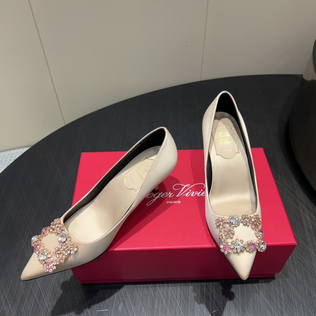 ROGER VIVIER 25S POINTED TOE HIGH HEELS 70MM IN NUDE SILK EMBELLISHED CRYSTALS