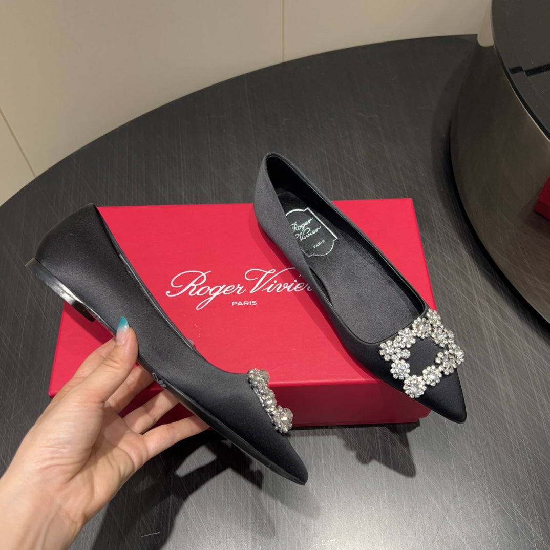 ROGER VIVIER 25S GRETE BALLET FLATS IN BLACK SILK WITH EMBELLISHED CRYSTALS