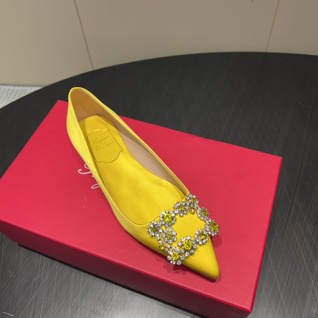 ROGER VIVIER 25S GRETE BALLET FLATS IN BRIGHT YELLOW SILK WITH EMBELLISHED CRYSTALS
