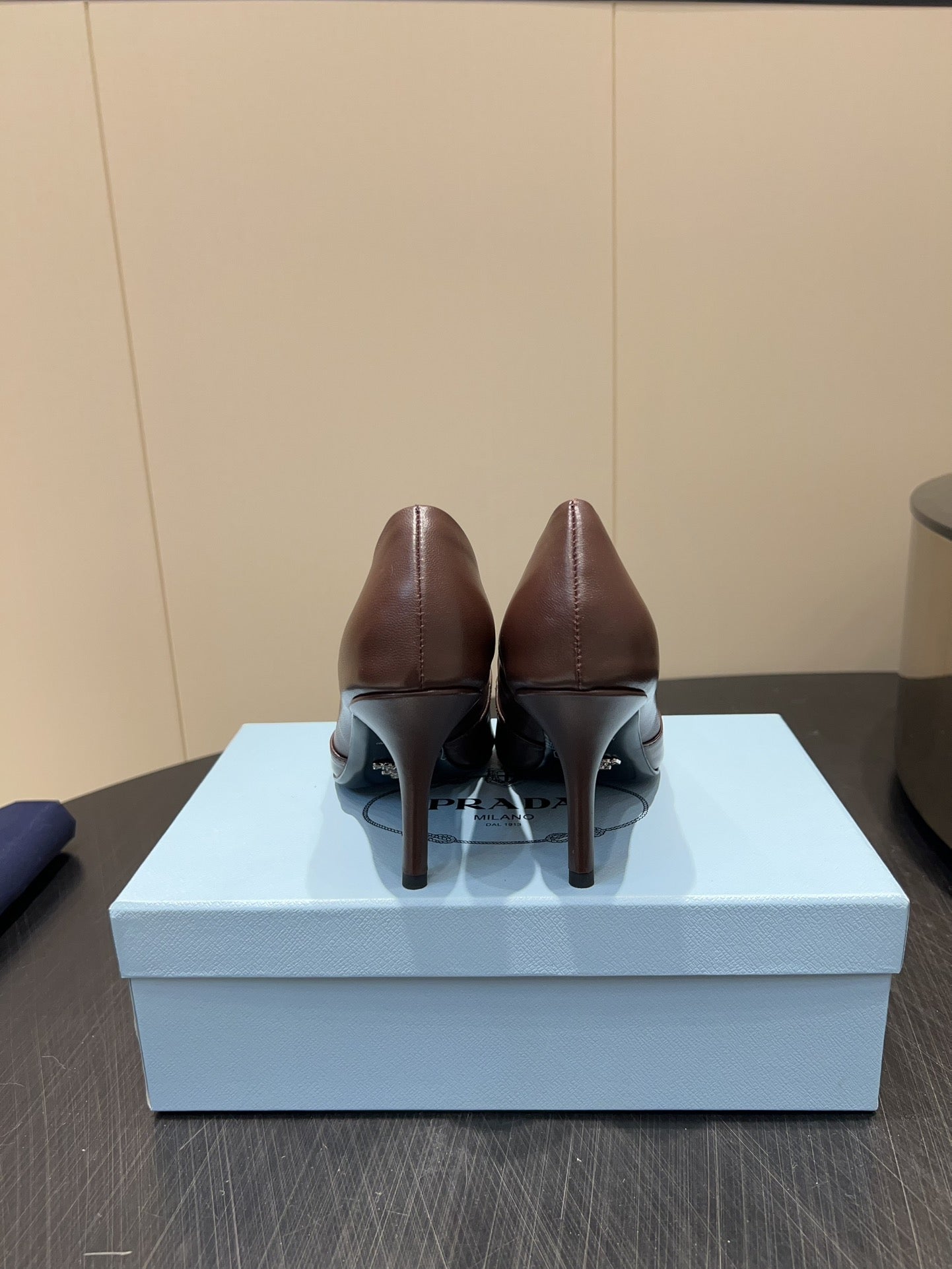 PRADA 25S POINTED TOE HIGH HEELS 85MM IN DARK BROWN LAMBSKIN WITH TIE UP DESIGN
