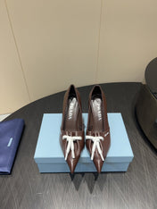 PRADA 25S POINTED TOE HIGH HEELS 85MM IN DARK BROWN LAMBSKIN WITH TIE UP DESIGN