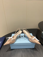PRADA 25S POINTED TOE SLINGBACK 85MM IN BEIGE LAMBSKIN WITH TIE UP DESIGN