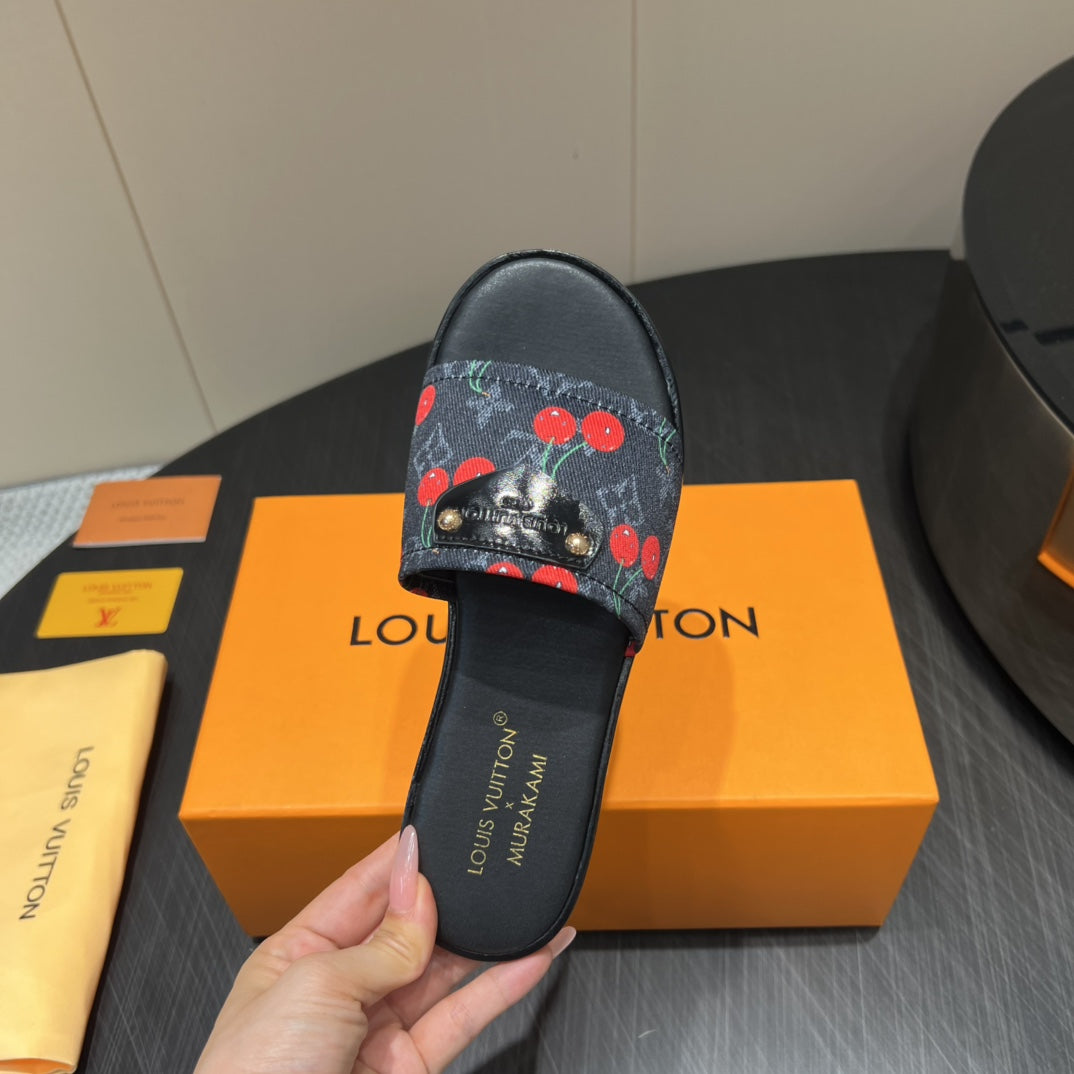 LV SLIDE SANDALS 25S IN BLACK DENIM AND CALFSKIN WITH LOGO PRINT