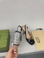 GG WOMEN'S HORSEBIT SLINGBACK 95MM IN BLACK CALFSKIN WITH RHINSTONES