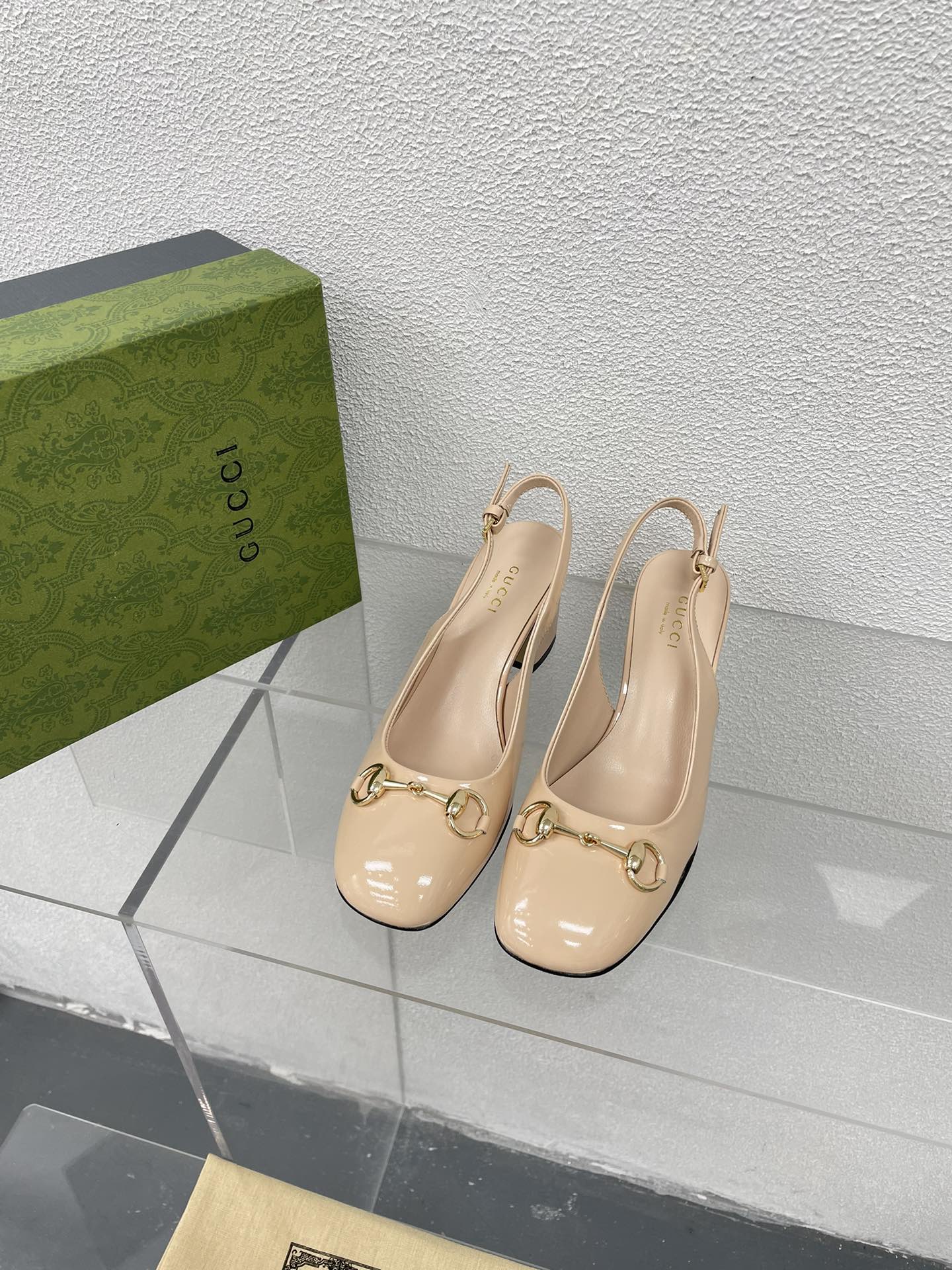 GG WOMEN'S HORSEBIT SLINGBACK 75MM IN TAN BEIGE CALFSKIN