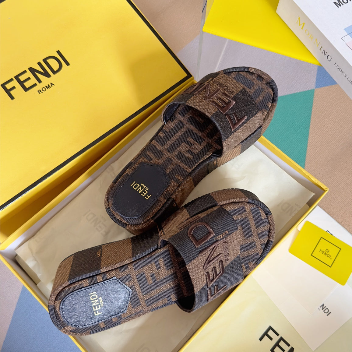 FENDI PLATFORM WEDGES IN CHOCOLATE BROWN FF MONOGRAM FABRIC