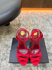 YSL 26S WOVEN-STRAP HIGH-HEEL SANDALS 130 MM IN RED SATIN