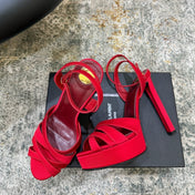 YSL 26S WOVEN-STRAP HIGH-HEEL SANDALS 130 MM IN RED SATIN