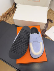 HM 25S MULE IN SOFT LAVENDER BLUE SUEDE MIX WHITE SHEARLING