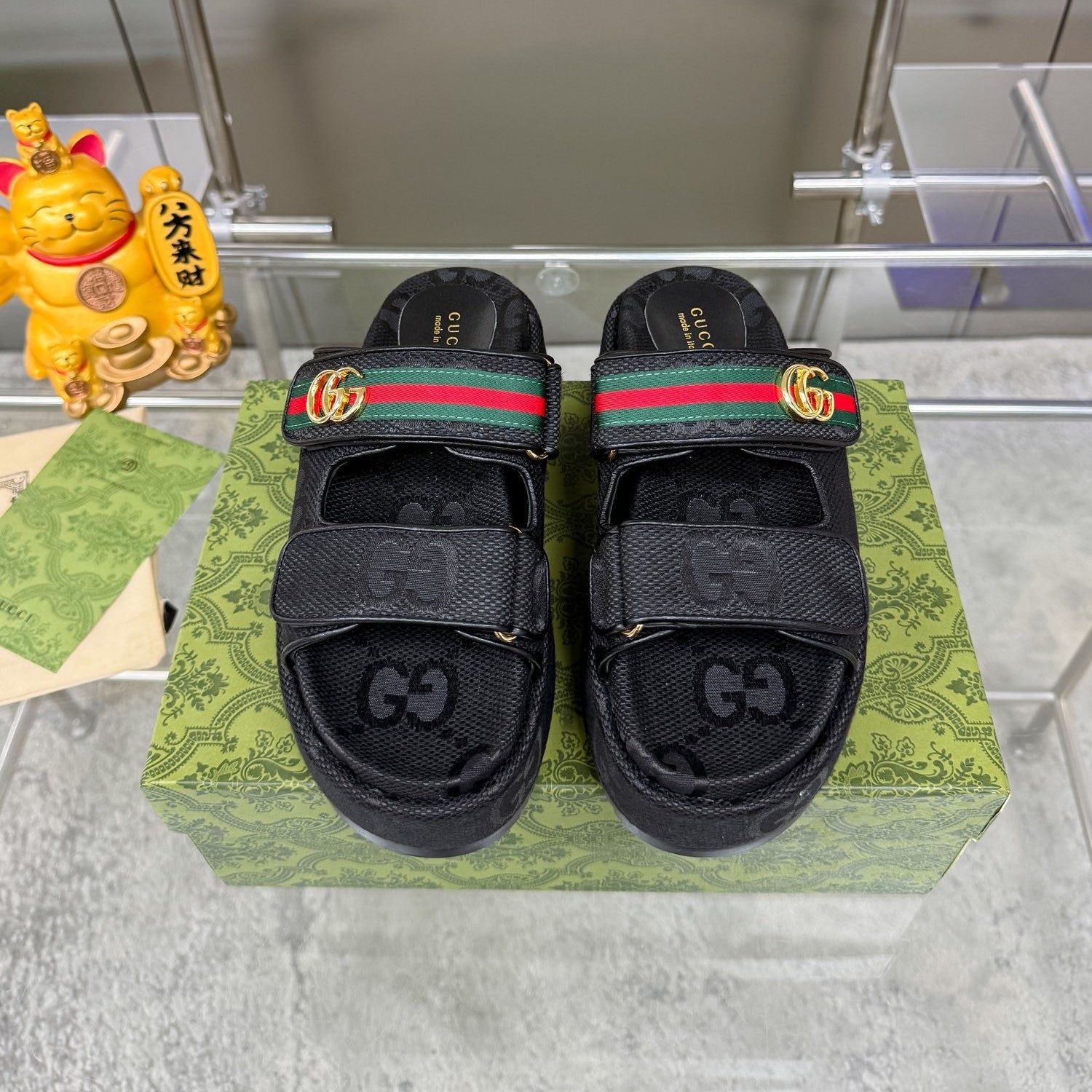 GG SANDALS 22 IN BLACK FABRIC WITH GOLD HARDWARE