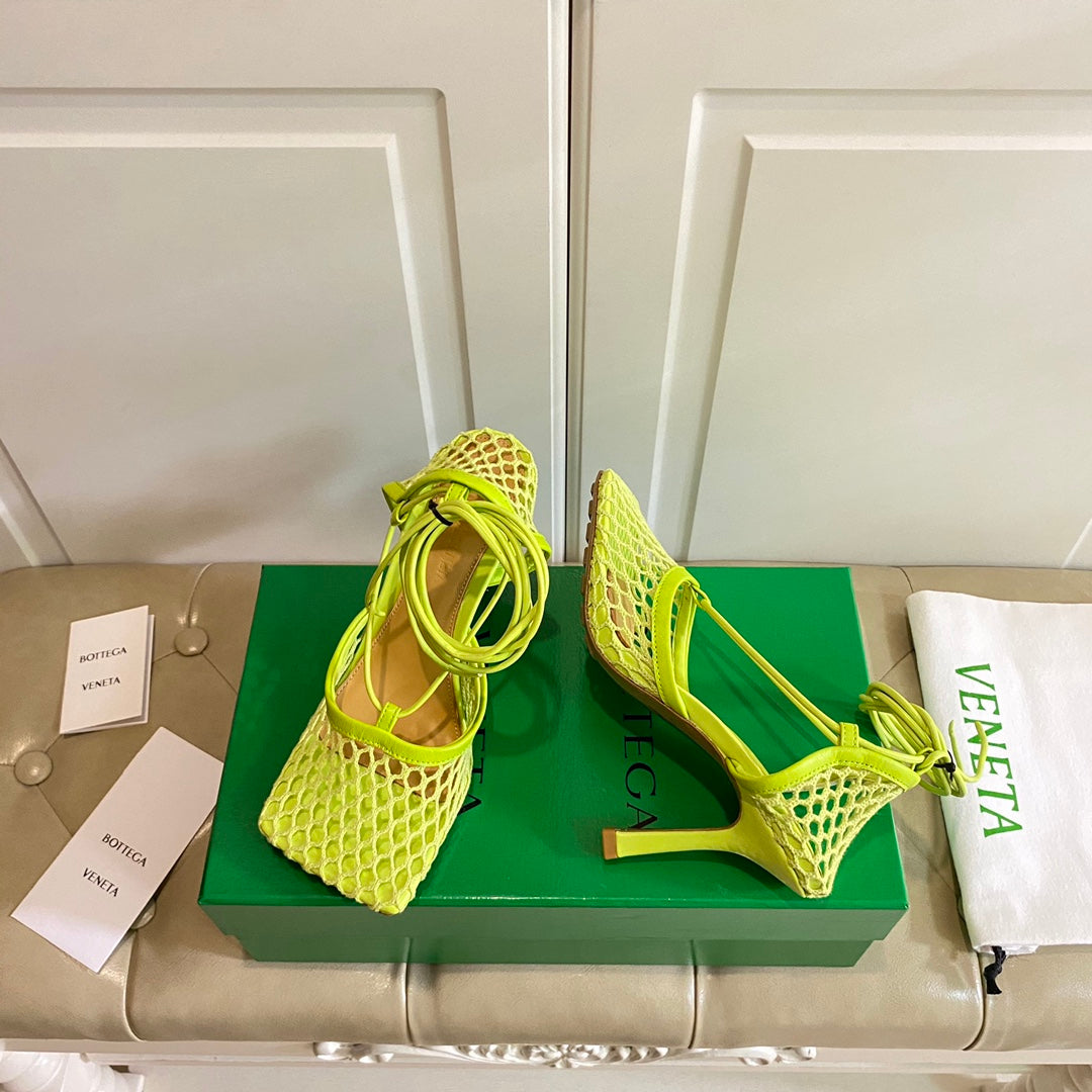 STRETCH LACE-UP SANDAL IN NEON GREEN METALLIZED MESH AND LEATHER 9 CM