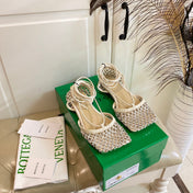 LACE-UP FLAT SANDAL IN WHITE CREAM METALLIZED MESH AND LEATHER WITH RHINSTONES