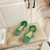 LACE-UP FLAT SANDAL IN COOL GREEN METALLIZED MESH AND LEATHER WITH RHINSTONES
