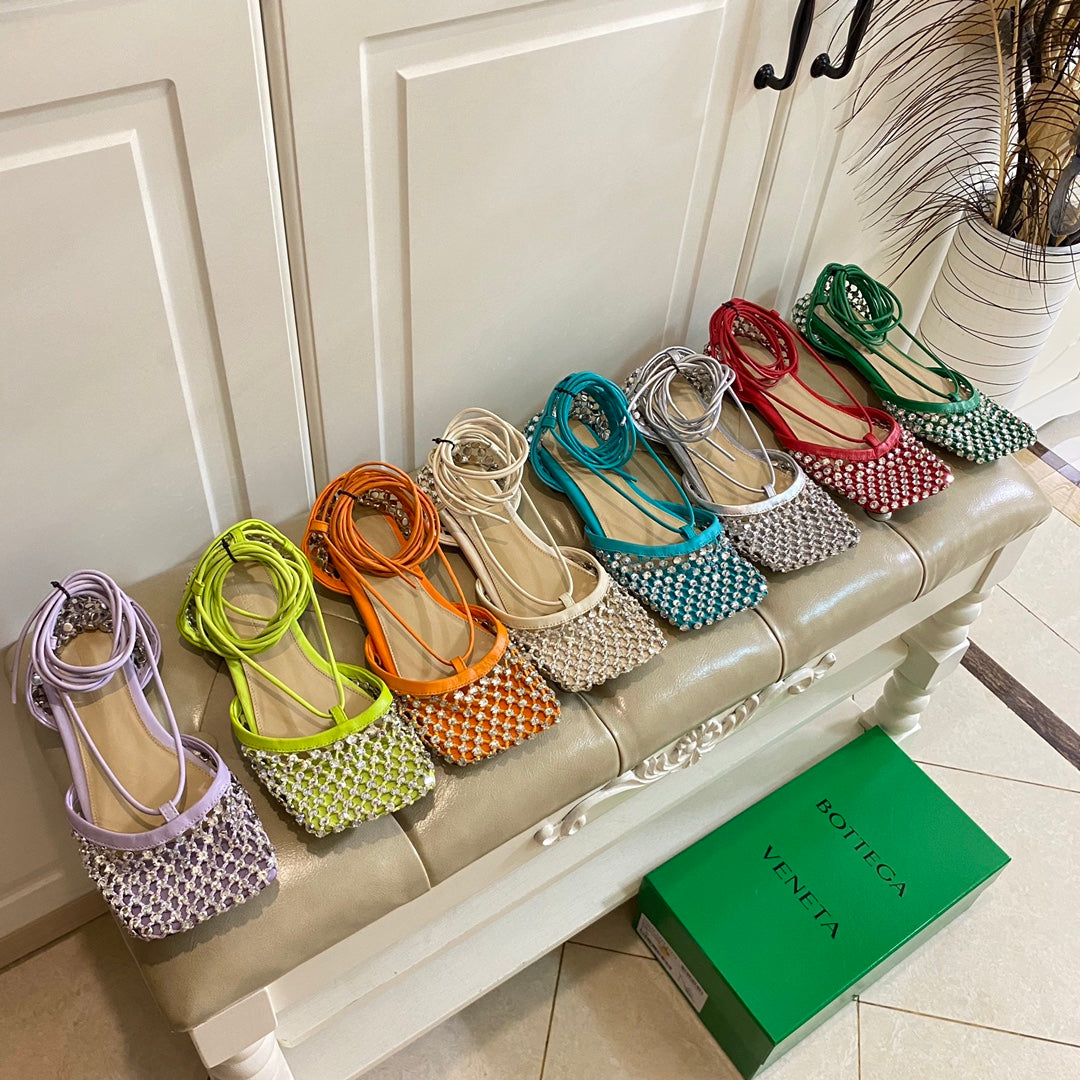 LACE-UP FLAT SANDAL IN COOL GREEN METALLIZED MESH AND LEATHER WITH RHINSTONES